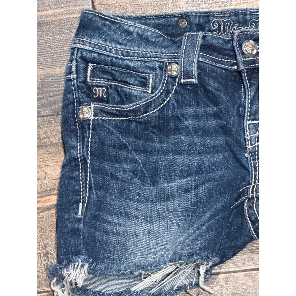 Miss Me Angel Wings Cross Bling Distressed Denim Low Rise Y2K Bermuda Shorts 25 - Picture 4 of 11